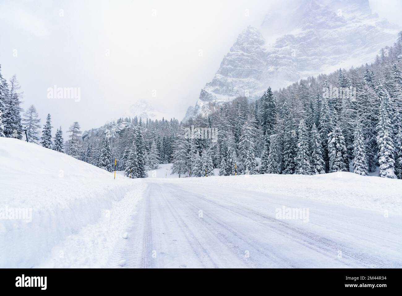 Strada innevata del passo di montagna nelle Alpi durante una Blizzard in inverno. Condizioni di guida pericolose. Foto Stock