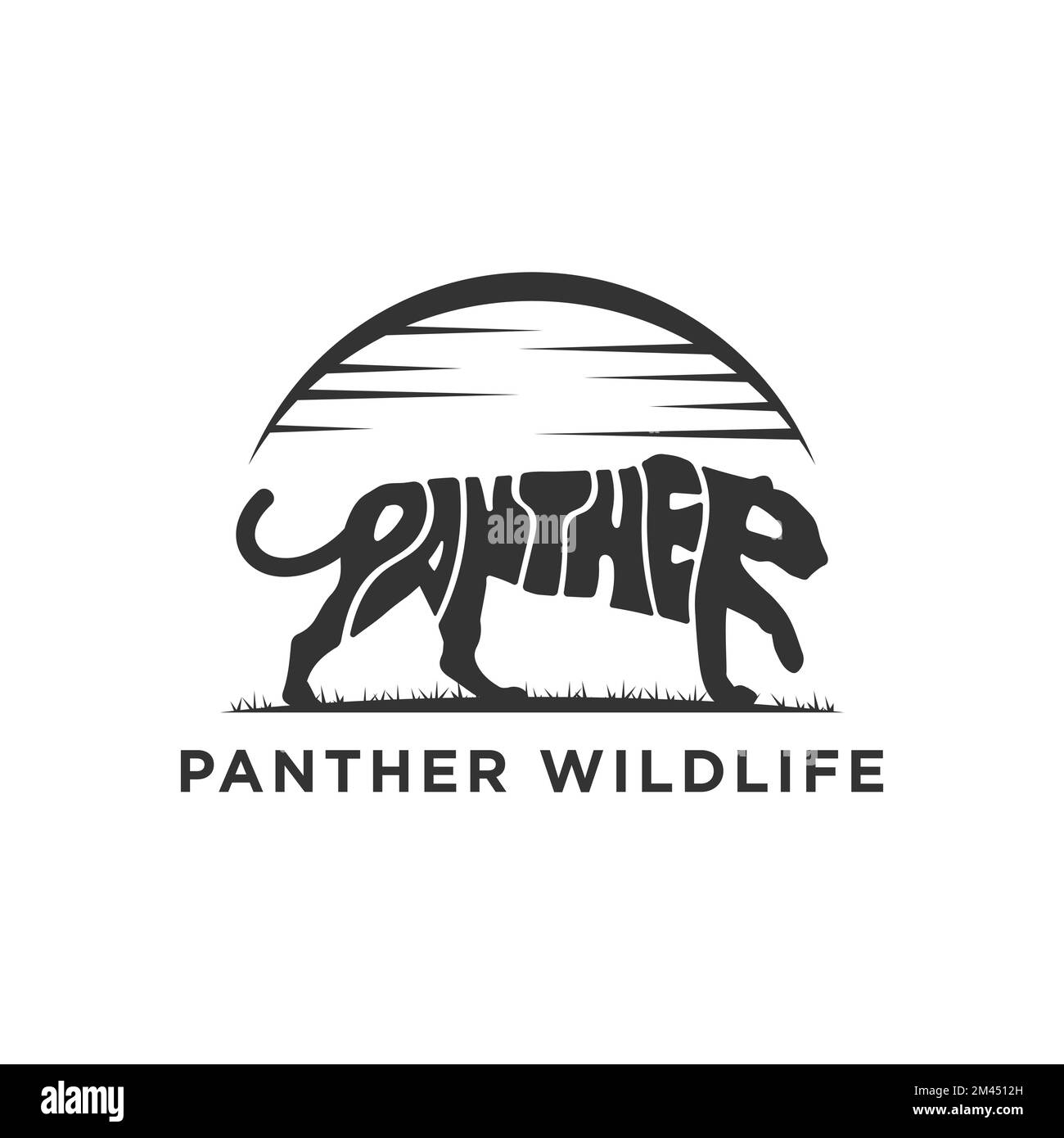 Black Panther Wildlife logo animale vettore di disegno, icona con Warp testo a forma di un animale Panther illustrazione Illustrazione Vettoriale
