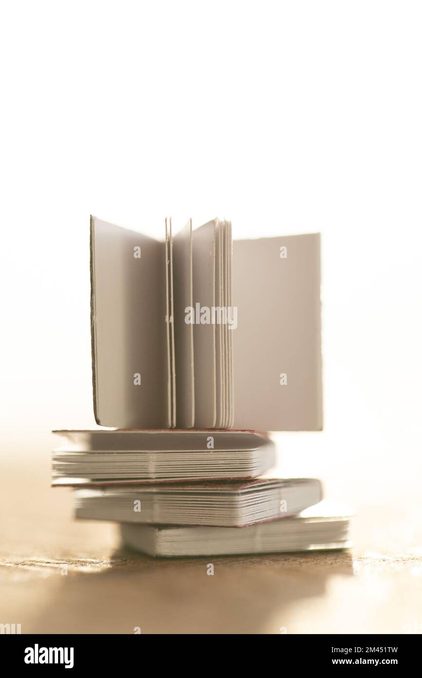 Letteratura e concetto di lettura. pila di libri su un tavolo di legno su sfondo bianco. Soft focus.simbolo dell'apprendimento e della conoscenza. Foto Stock
