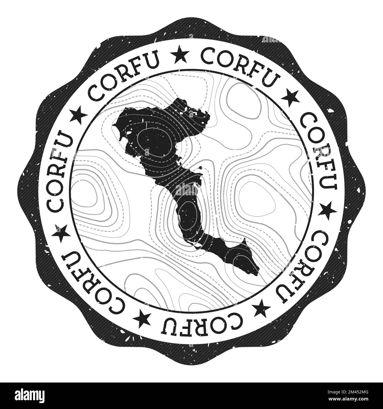 Francobollo esterno di Corfù. Adesivo rotondo con mappa dell'isola con isoline topografiche. Illustrazione vettoriale. Illustrazione Vettoriale