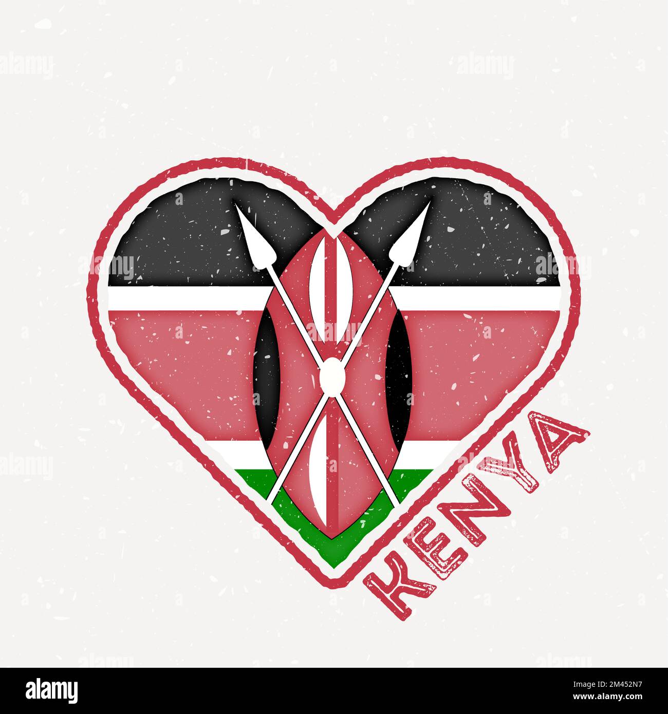 Badge della bandiera del Kenya Heart. Logo Kenya con texture grunge. Bandiera della forma del cuore del paese. Illustrazione vettoriale. Illustrazione Vettoriale