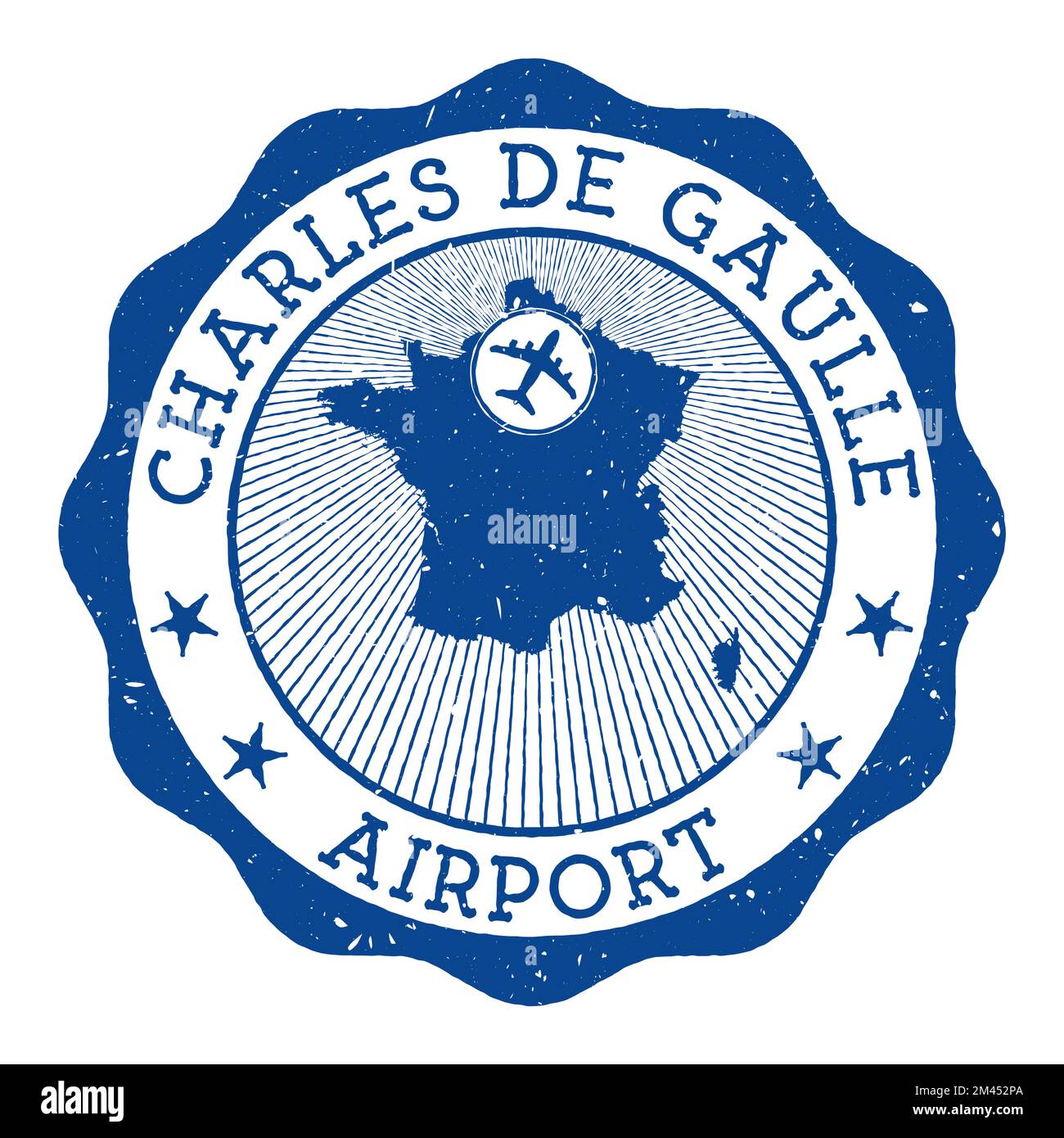 Timbro dell'aeroporto Charles de Gaulle. Logo rotondo dell'aeroporto di Parigi con posizione sulla mappa della Francia contrassegnata dall'aereo. Illustrazione vettoriale. Illustrazione Vettoriale