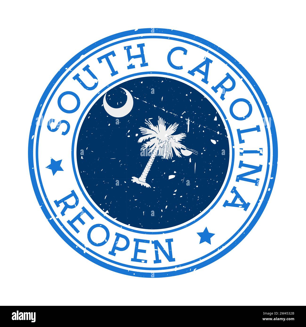 Francobollo di riapertura del South Carolina. Distintivo rotondo dello Stato degli Stati Uniti con bandiera della Carolina del Sud. Riapertura dopo il segnale di blocco. Illustrazione vettoriale. Illustrazione Vettoriale