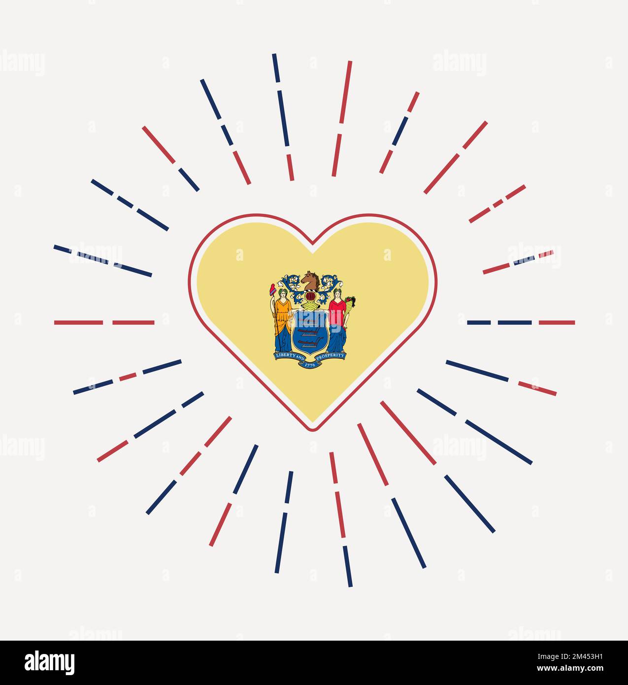 Cuore del New Jersey con bandiera dello stato degli Stati Uniti. Sunburst intorno al New Jersey Heart Sign. Illustrazione vettoriale. Illustrazione Vettoriale