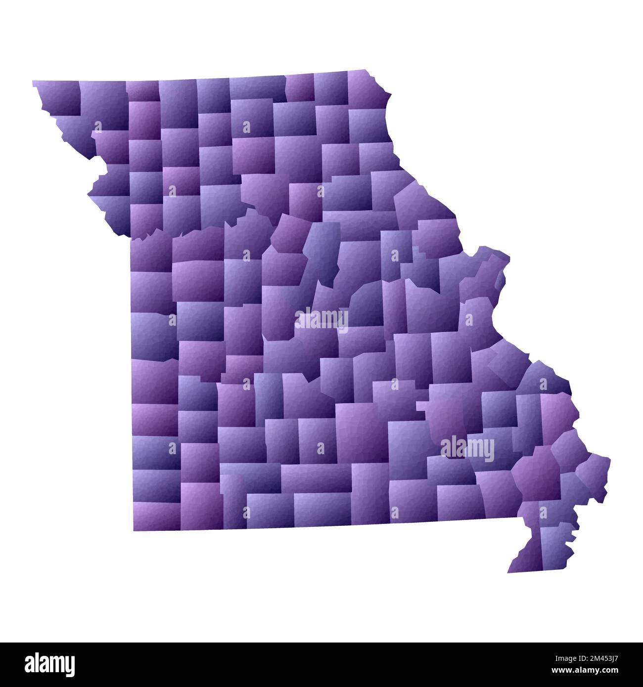 Mappa del Missouri. Stile geometrico contorno dello stato degli Stati Uniti con le contee. Illustrazione vettoriale viola di classe. Illustrazione Vettoriale