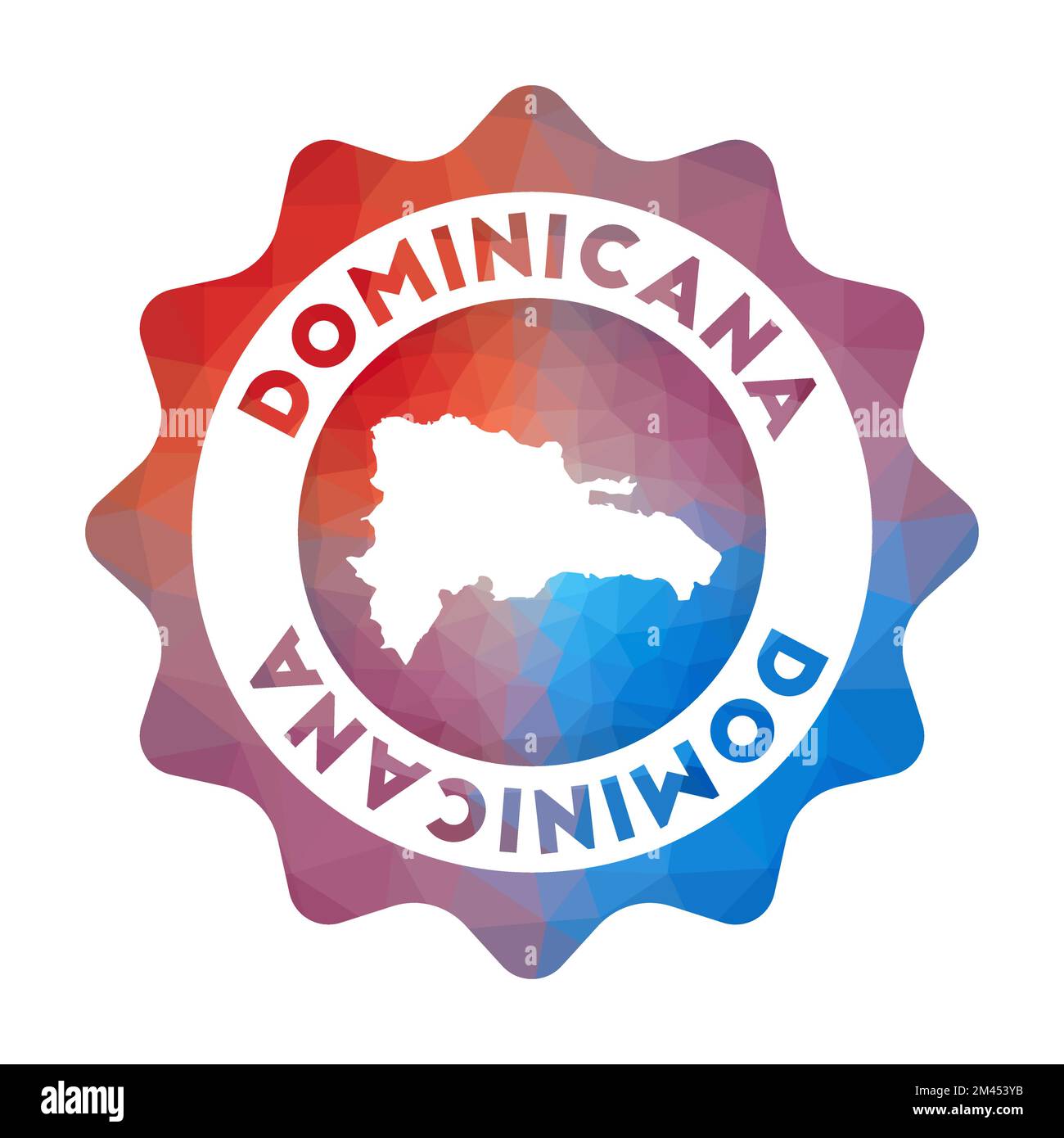 Logo Dominicana low poly. Colorato logo di viaggio gradiente del paese in stile geometrico. Multicolore poligonale Dominicana segno arrotondato con mappa per Illustrazione Vettoriale