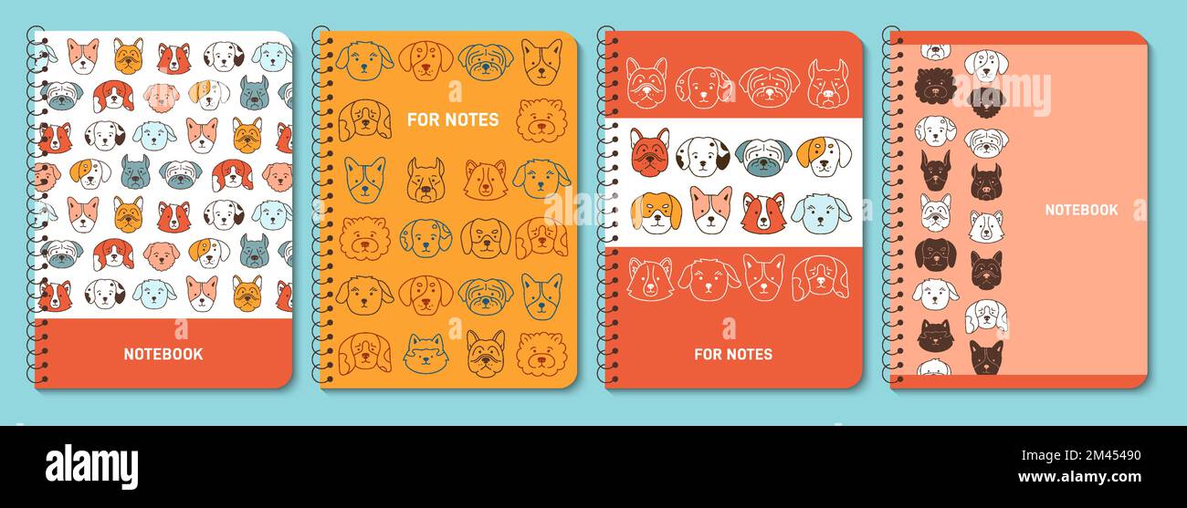 Set di cover per notebook alla moda Dog Faces. Carino cucciolo kawaii linea design per pianificatore, brochure, libro, catalogo. Sorridente doggy divertente bambino doodle notepad. Poster del modello di stampa della pagina di layout decorativo Illustrazione Vettoriale