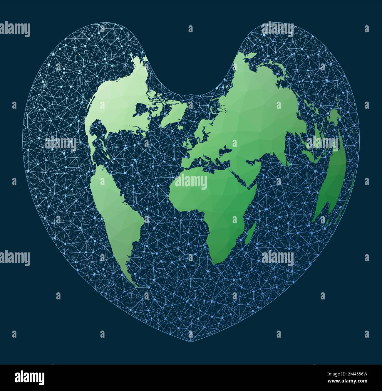 Concetto di business globale su Internet. Proiezione Bonne. Mappa verde a basso contenuto di poli con sfondo di rete. Illustrazione Vettoriale