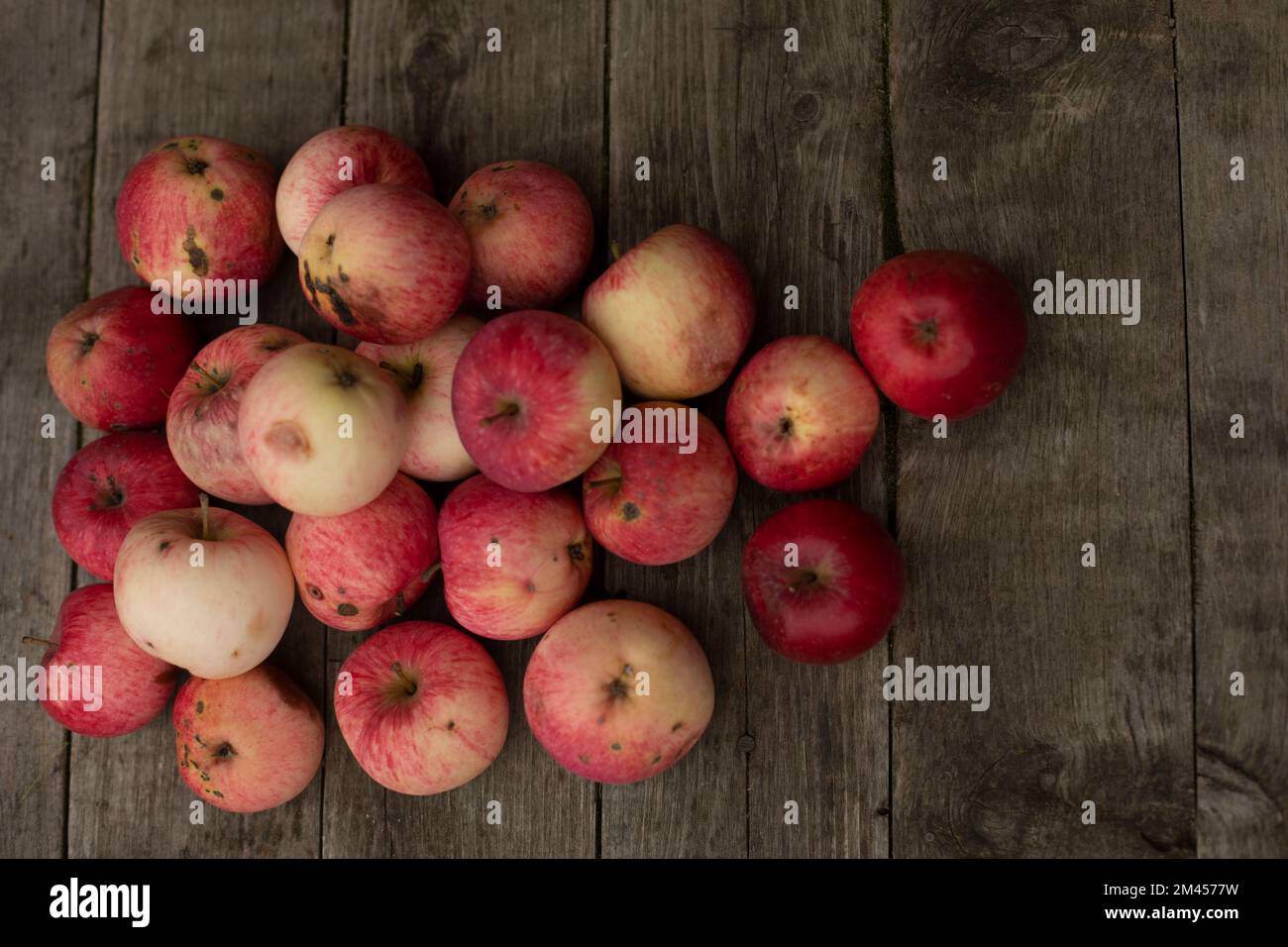 Le mele rosse sono a bordo. Frutta fresca in villaggio. Frutta dal giardino. Un sacco di mele. Foto Stock