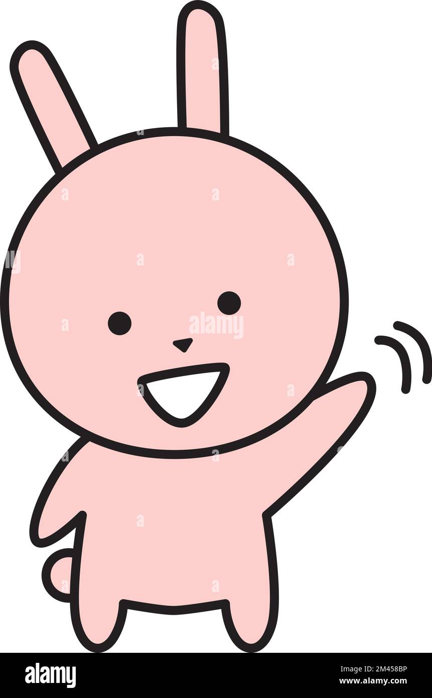 Un simpatico personaggio di coniglio sorride e agita la mano. Animale simpatico e divertente sta esprimendo emozione. Illustrazione Vettoriale