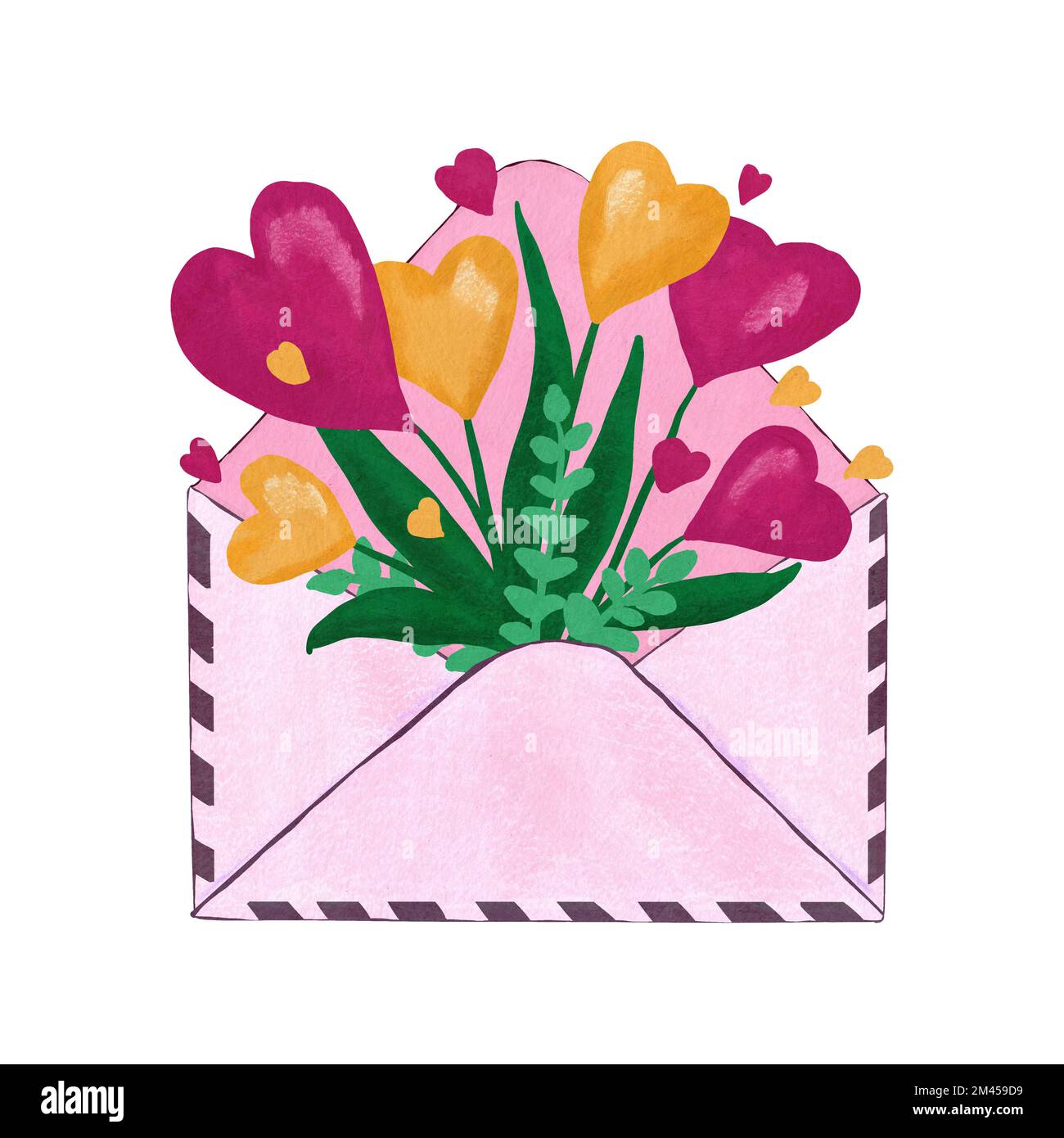 Illustrazione disegnata a mano di una mailing list a busta aperta, che invia un biglietto di invito per informazioni aziendali. San Valentino giorno cuori rosso rosa giallo grazie scheda, carino floreale design foglie verdi Foto Stock