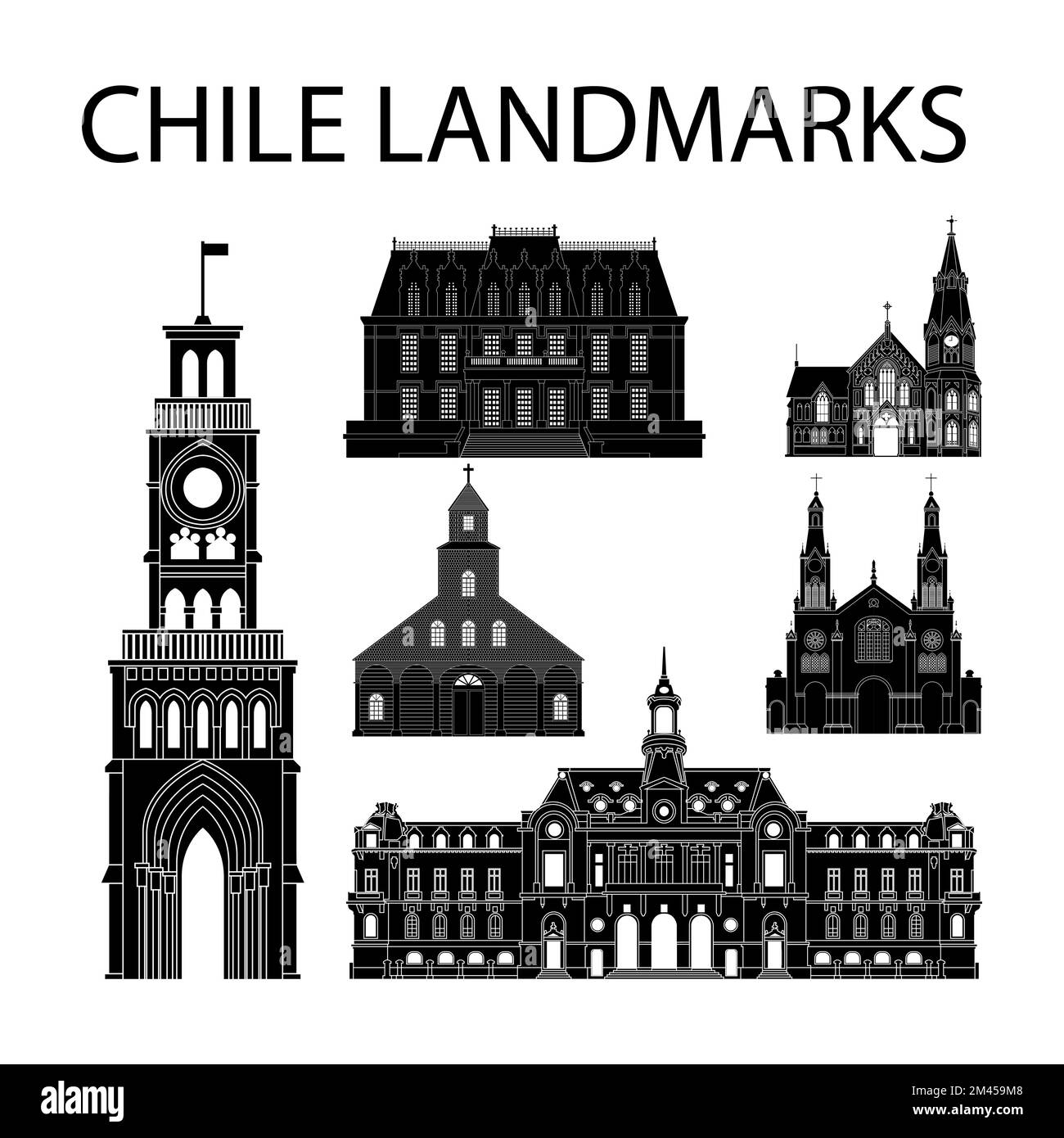 Set di famosi punti di riferimento del Cile per stile silhouette, illustrazione vettoriale Illustrazione Vettoriale