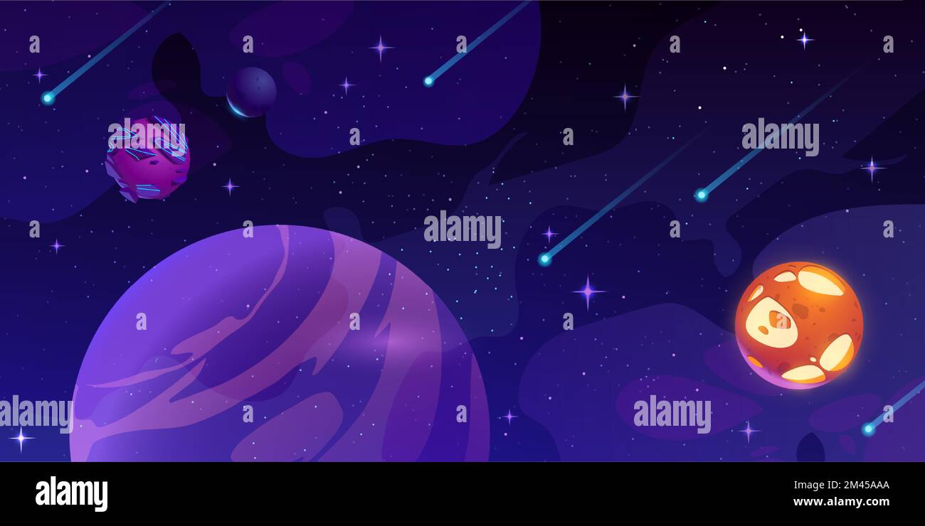 Sfondo dello spazio esterno con pianeti e stelle. Illustrazione vettoriale dei cartoni animati di oggetti cosmici su blu scuro, meteore, asteroidi, globi alieni che volano nel cielo stellato. Galassia fantasy per videogame per computer Illustrazione Vettoriale
