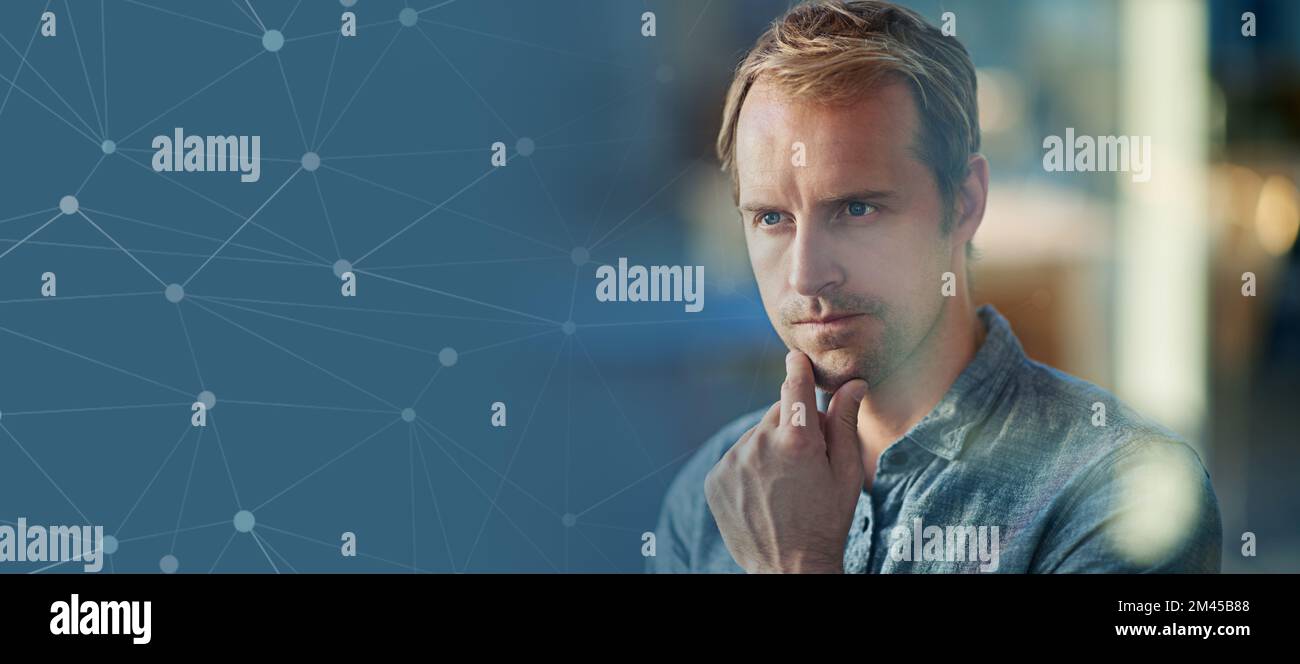 Uomo d'affari, volto o pensiero di crescita finanziaria, investimenti aziendali globali o pianificazione della strategia assicurativa e modello 3D. Lavoratore finanziario, dipendente Foto Stock