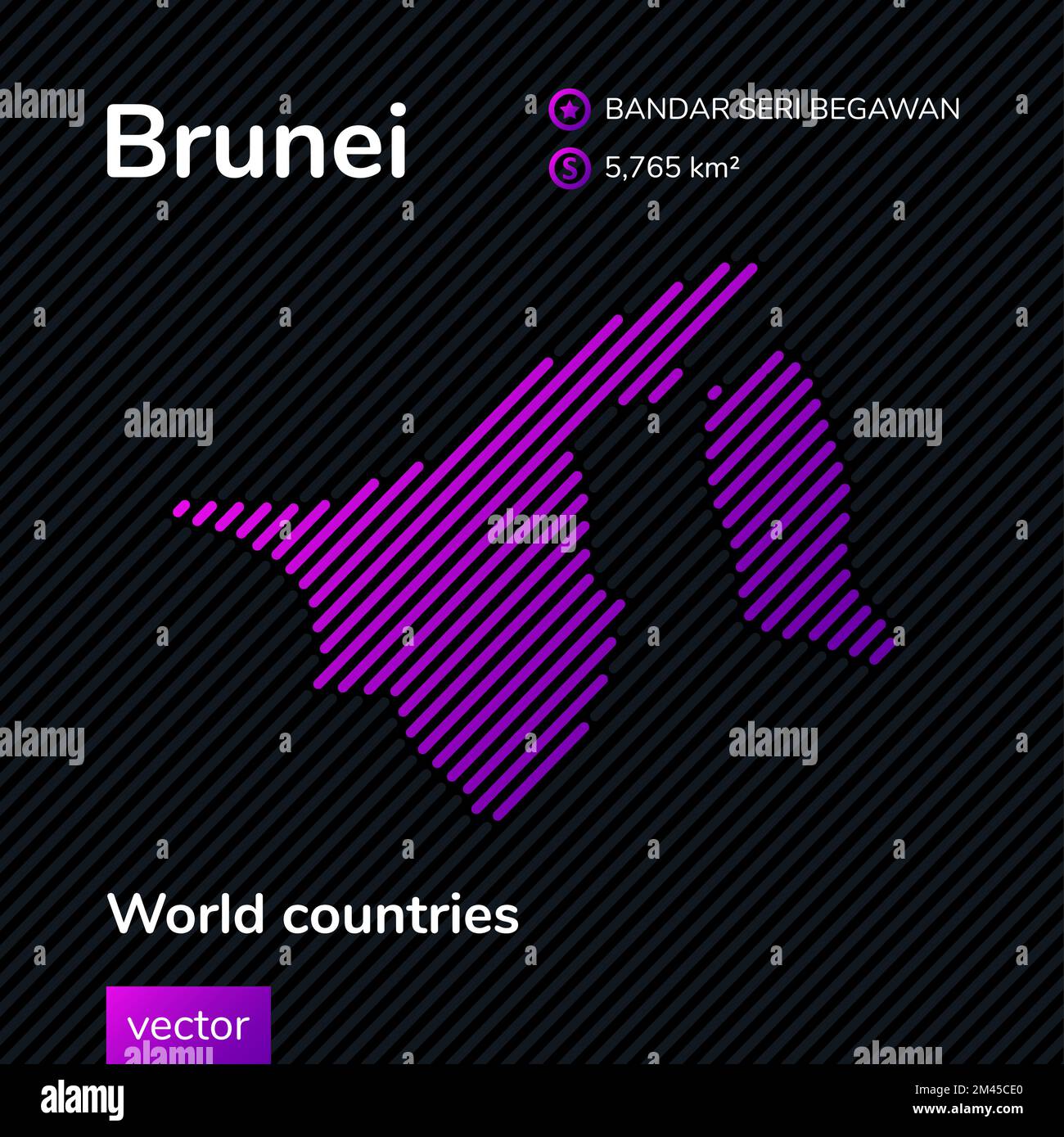 Mappa vettoriale stilizzata del Brunei nei colori rosa e viola sullo sfondo nero a righe in stile piatto. Banner didattico, poster su Brunei Illustrazione Vettoriale