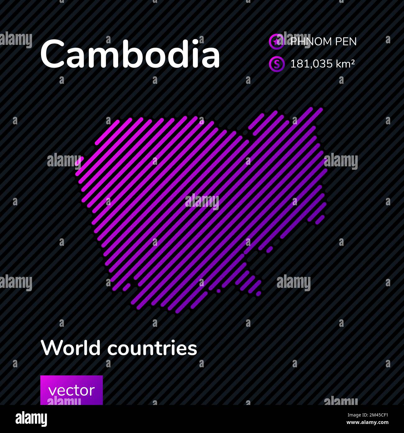 Mappa della Cambogia. Vettore creativo digitale neon linea piatta arte astratta semplice mappa con righe viola, viola, rosa su sfondo nero. Istruzione Illustrazione Vettoriale