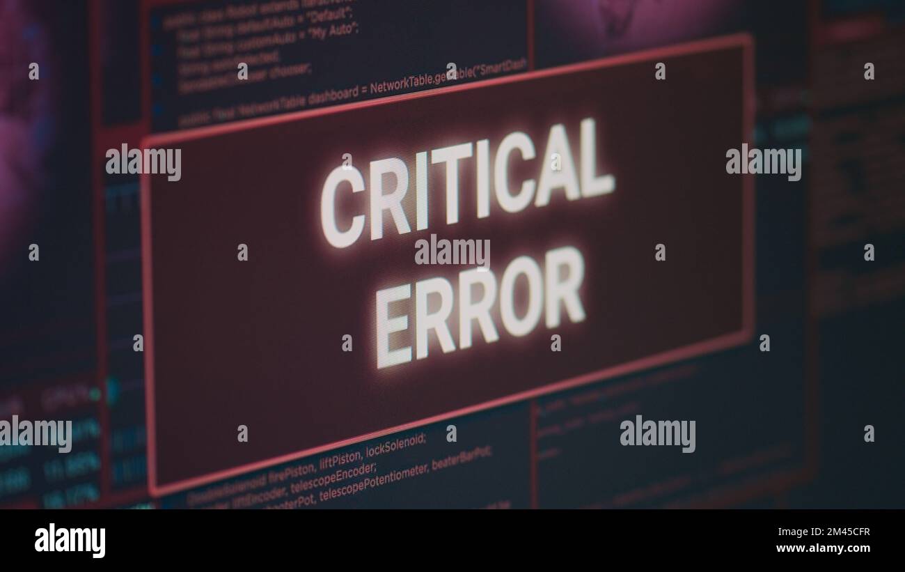 Avviso di violazione della sicurezza sul computer che visualizza un messaggio di errore critico lampeggiante sullo schermo, relativo al malfunzionamento del computer e al malware. Avviso di crash del sistema e attacco di pirateria informatica. Primo piano. Foto Stock