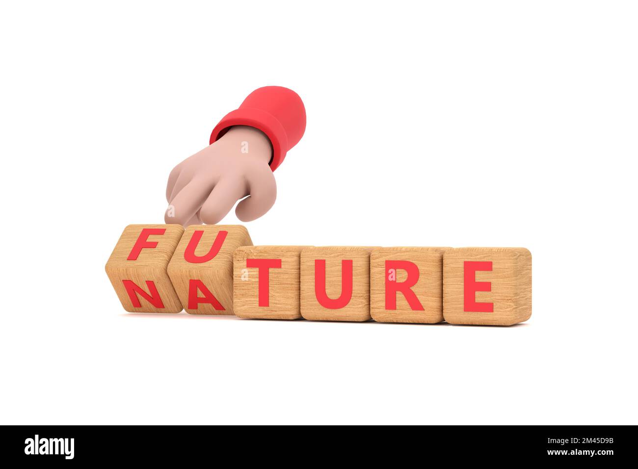 3d. La mano gira i dadi e cambia la parola 'futuro' in 'natura'. Foto Stock