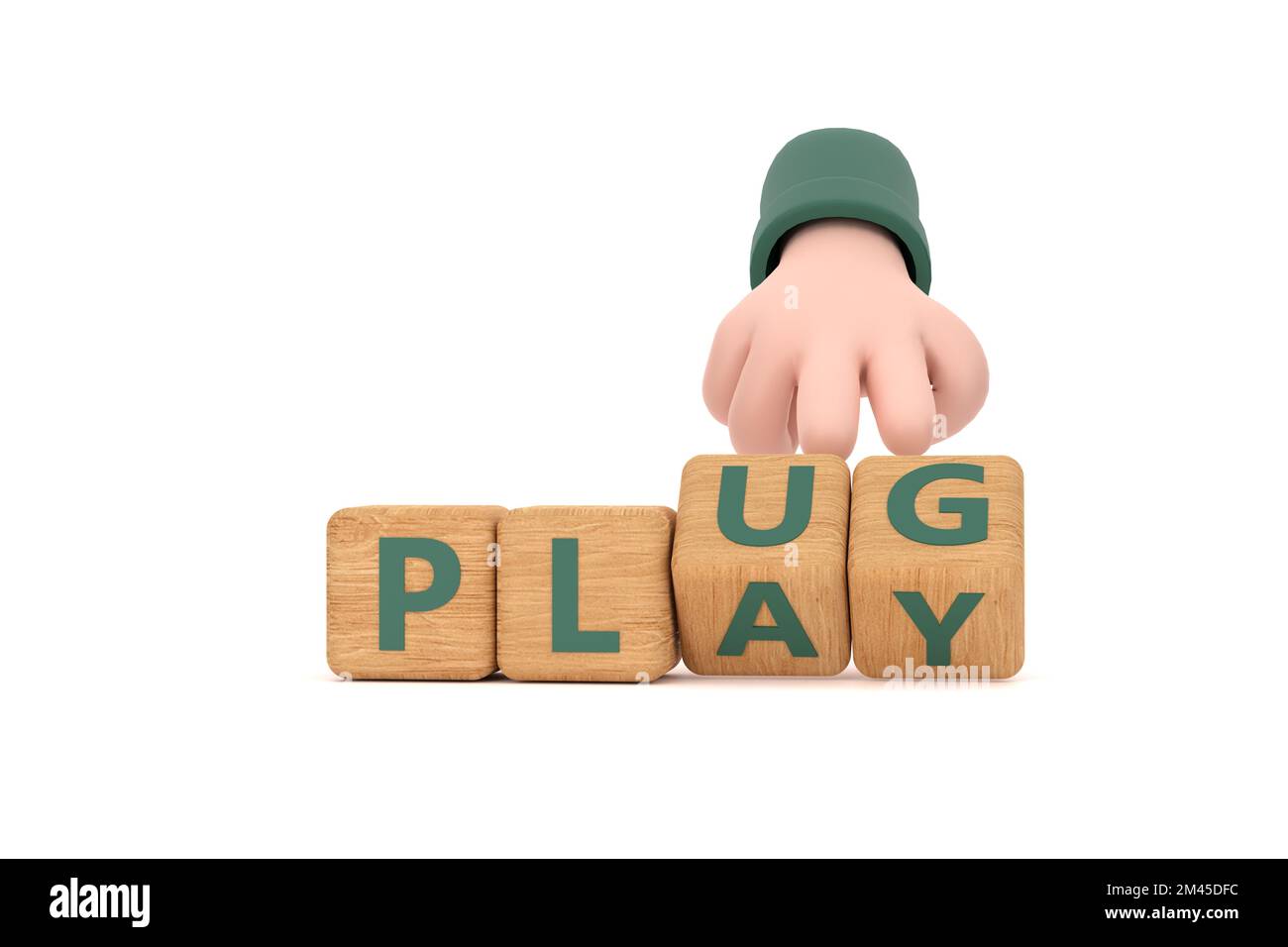 3d. La mano gira i dadi e cambia la parola 'plug' in 'play'. Foto Stock