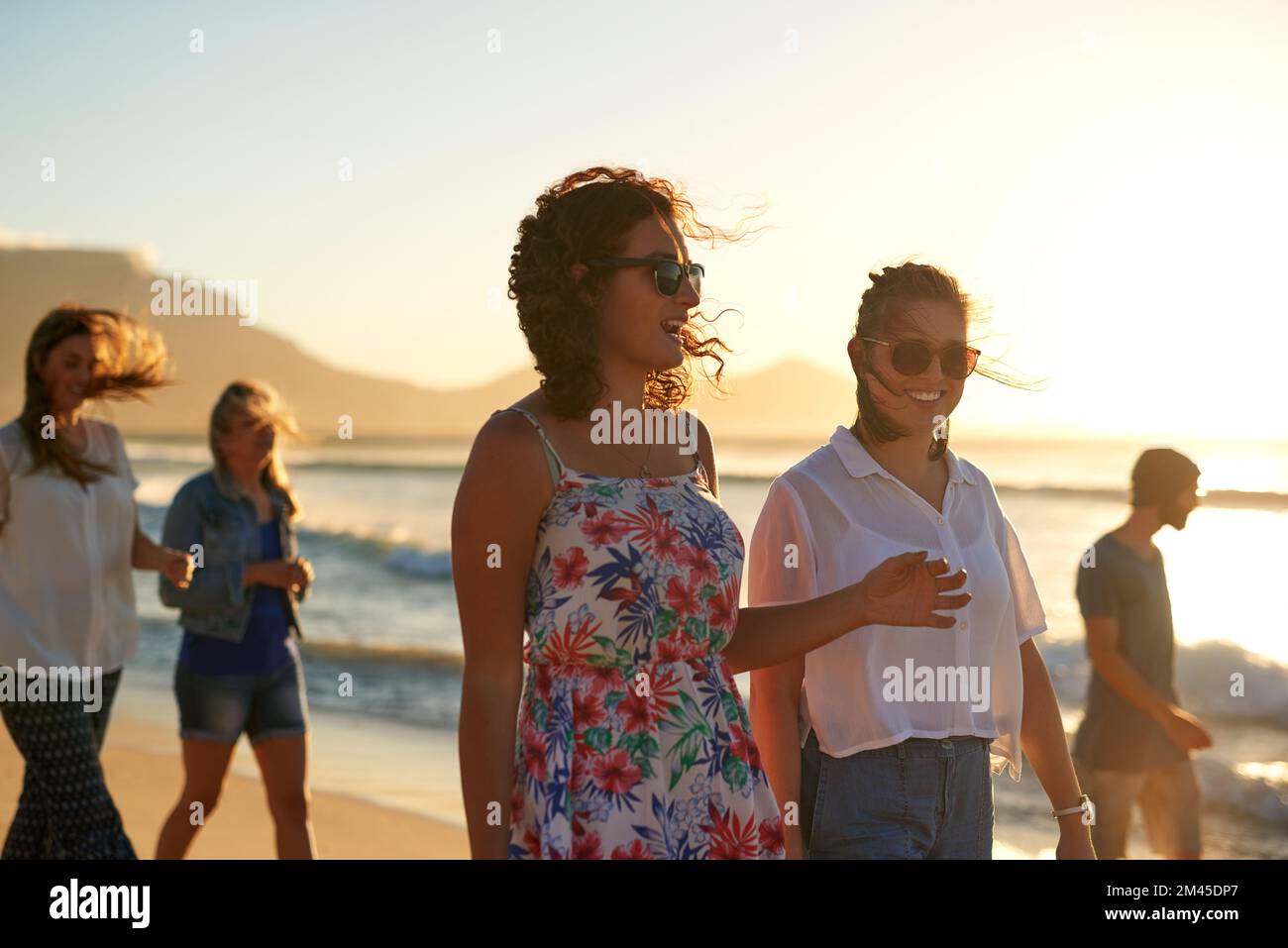 Estate, la spiaggia e il vostro bestie. due giovani simpatizzanti amiche che chiacchierano mentre fanno una passeggiata in spiaggia con i loro amici. Foto Stock