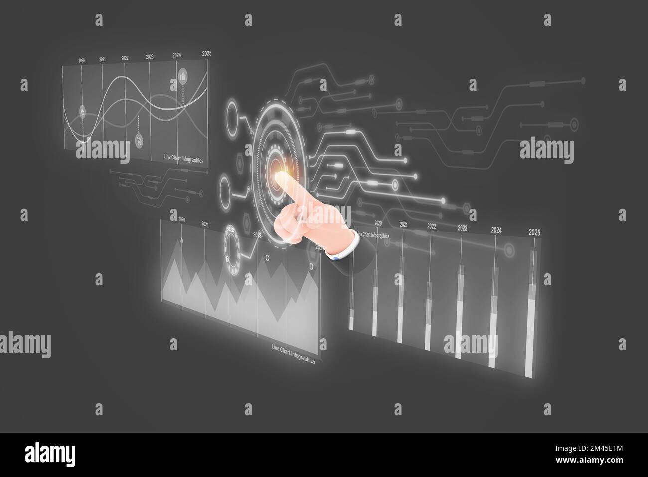 3D. Dati degli analisti aziendali su schermo virtuale sul laptop e metriche collegate al database. Foto Stock