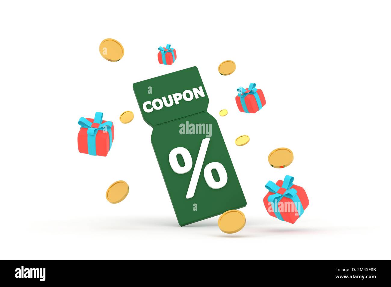 3D. buono sconto con segno di percentuale con monete e confezione regalo. Carta voucher con rimborso in contanti. Foto Stock