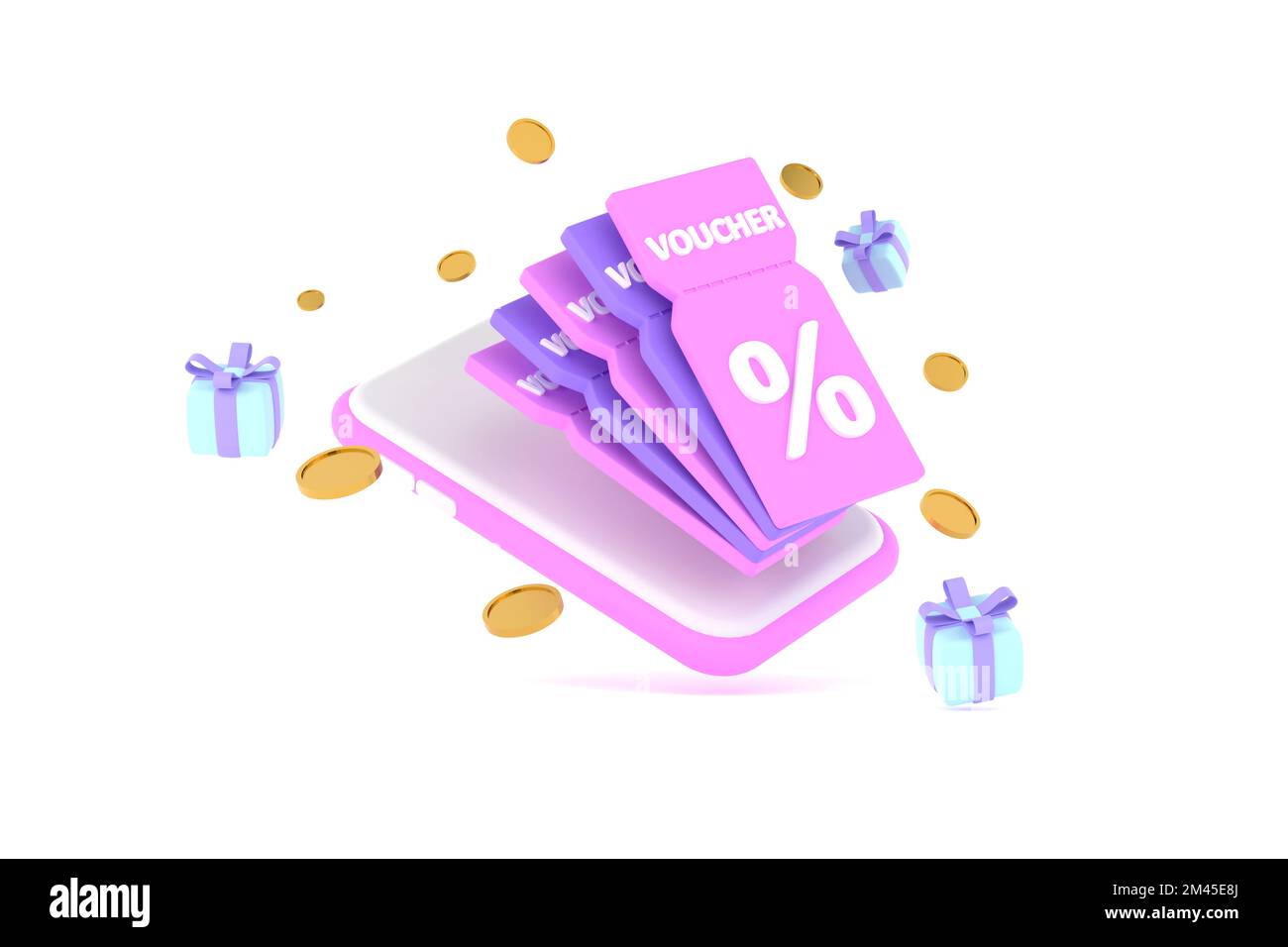 3D. buono sconto per smartphone con segno di percentuale con monete e confezione regalo. Carta voucher con rimborso in contanti. Foto Stock