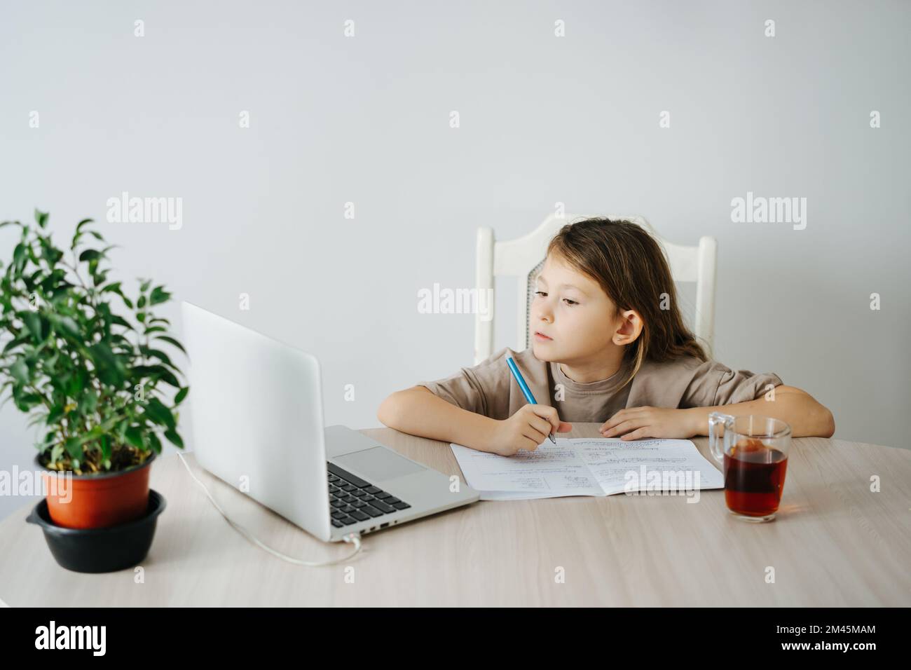 La bambina sta studiando con l'insegnante via webcam, scrivendo in un taccuino, guardando lo schermo. Tazza da tè e pianta in vaso su un tavolo. Foto Stock