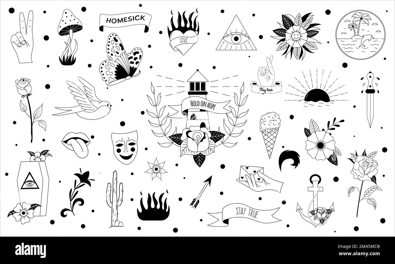 Set di tatuaggi in stile Y2K, 1990s, 2000s. Design a elementi emo goth con cuori fiammeggianti, coltello, rosa, fiore, farfalla, fuoco, cranio. Tatuaggio della vecchia scuola Illustrazione Vettoriale