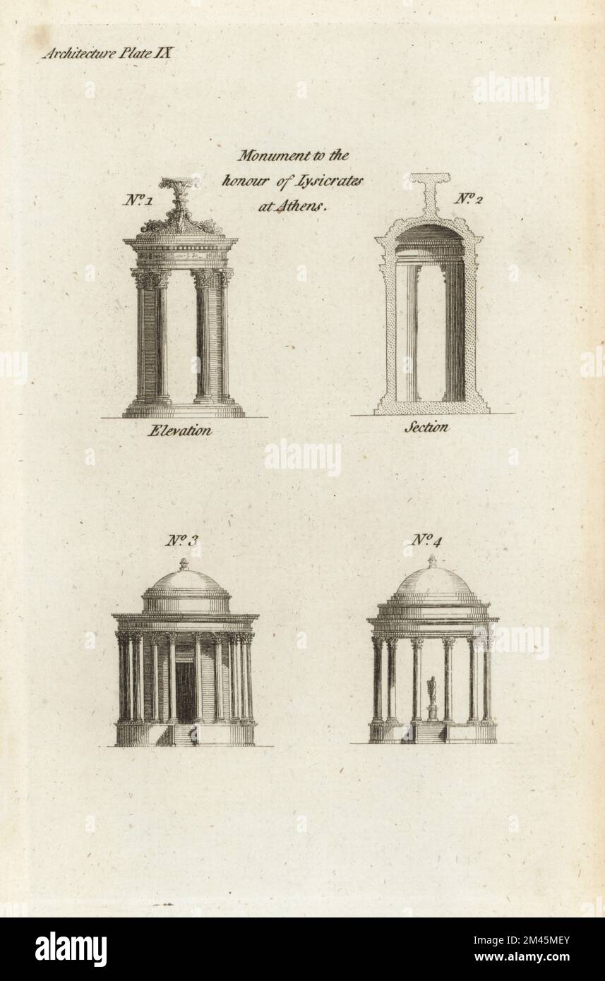 Antichi templi circolari. Elevazione e sezione del monumento greco per l'onore di Lysicrates, un vincitore nei giochi pubblici, Atene 1,2. Elevazione di un tempio romano alla Sibilla o Venere a Tivoli 3, e di un tempio monopterale 4. Incisione su copperplate dalla rivista The Artist’s Repository and Drawing Magazine di Francis Fitzgerald, Charles Taylor, Londra, 1785. Foto Stock