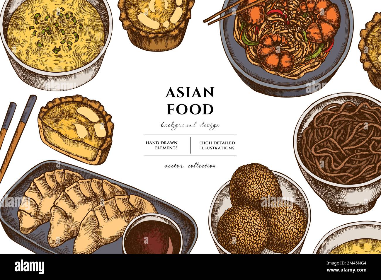 Disegno di illustrazione disegnato a mano dell'alimento asiatico. Sfondo con retrò jiaozi, jian dui, crostata d'uovo, tagliatelle con gamberi, zuppa d'uovo, ciotola di tagliatelle. Illustrazione Vettoriale