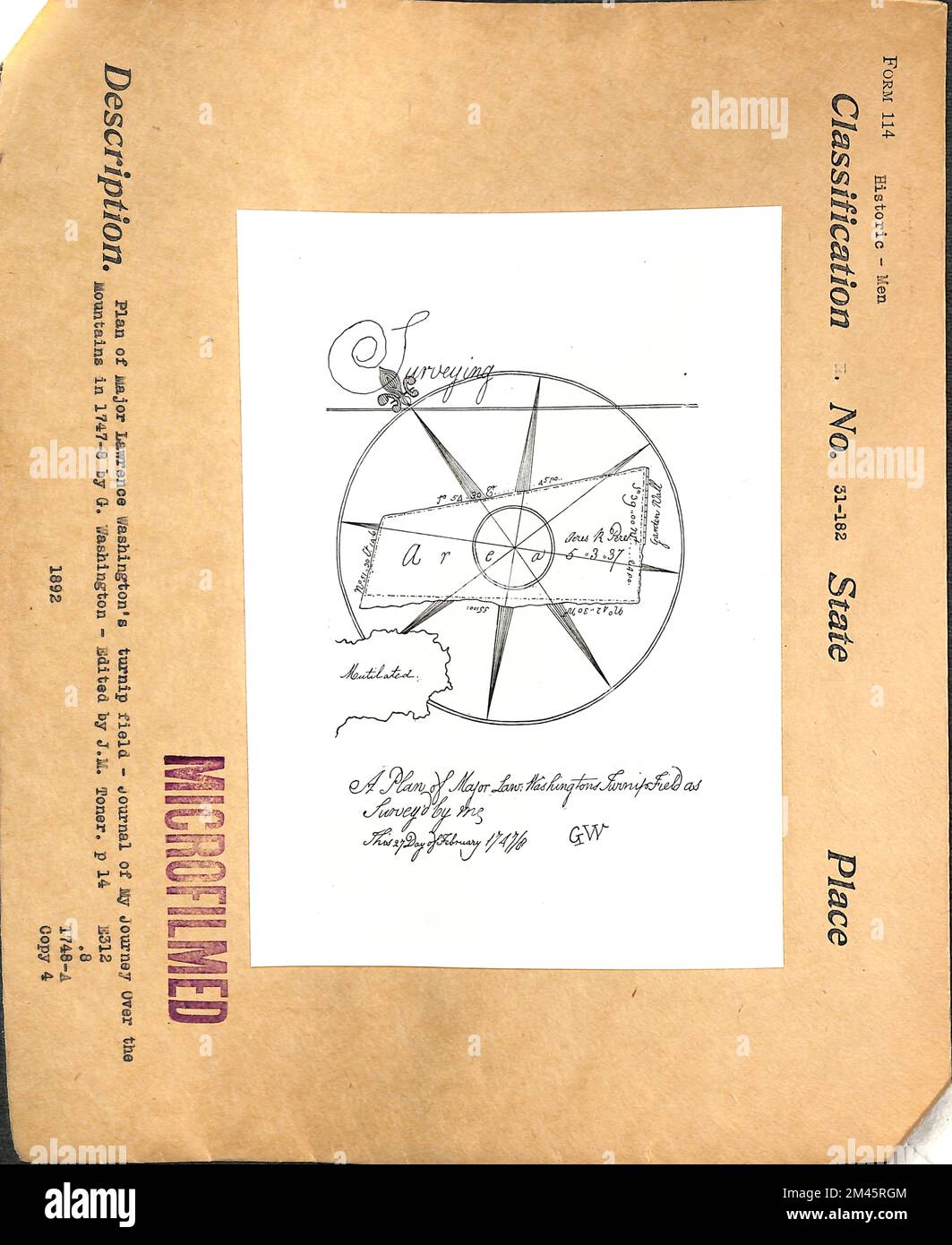 Piano del campo Turnip del maggiore Lawrence Washington. Didascalia originale: Piano del campo di rapa di Lawrence Washington - Journal of my Journey Over the Mountains nel 1747-8 di G. Washington - a cura di J. M. toner. P 14. Foto Stock