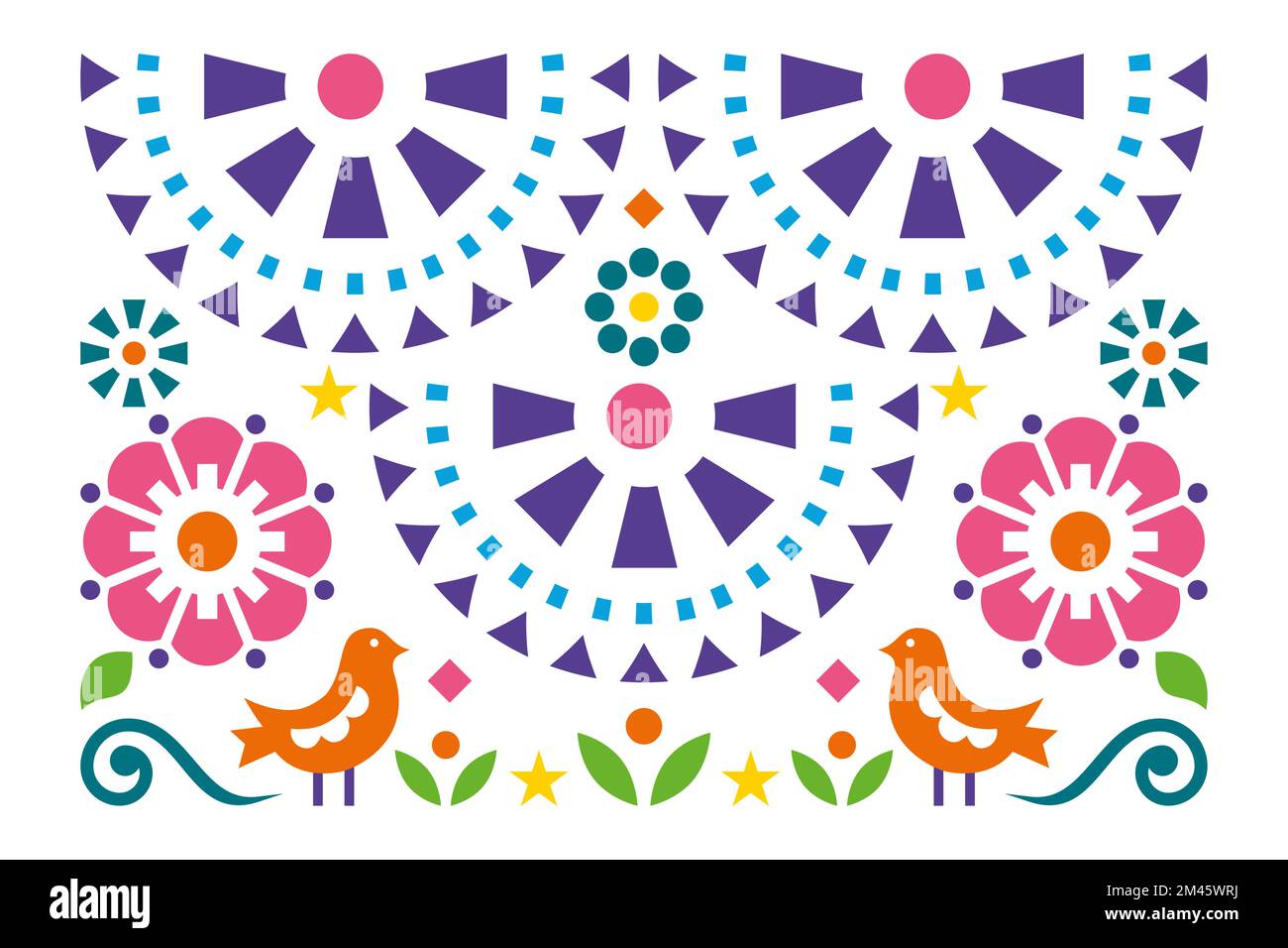 Biglietto d'auguri di stile messicano folcloristico vettore di arte o design in invitaiton con uccelli, fiori e foglie Illustrazione Vettoriale