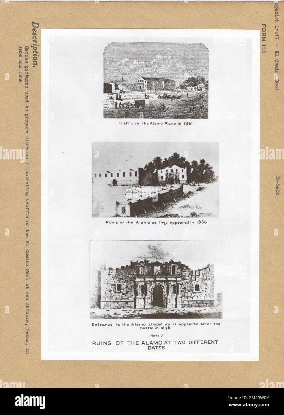 Rovine dell'Alamo in due date diverse. Didascalia originale: Foto di serie utilizzate per preparare diorami che illustrano il traffico sul El Camino Real a San Antonio Texas nel 1836 e 1936. Foto Stock