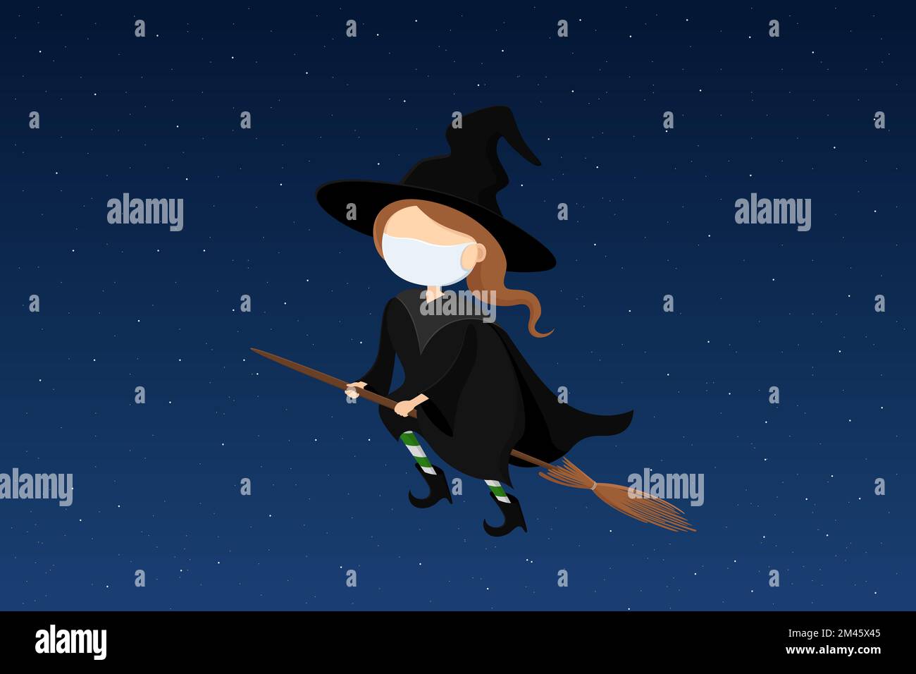 Strega in maschera che vola sulla scopa. Illustrazione vettoriale. Illustrazione Vettoriale