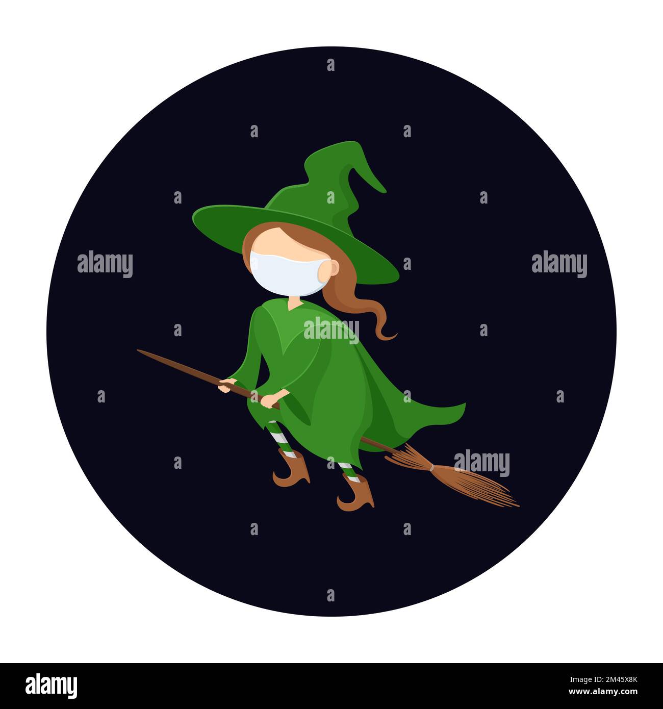 Strega in maschera che vola sul bastone di scopa. Avatar. Illustrazione vettoriale. Illustrazione Vettoriale