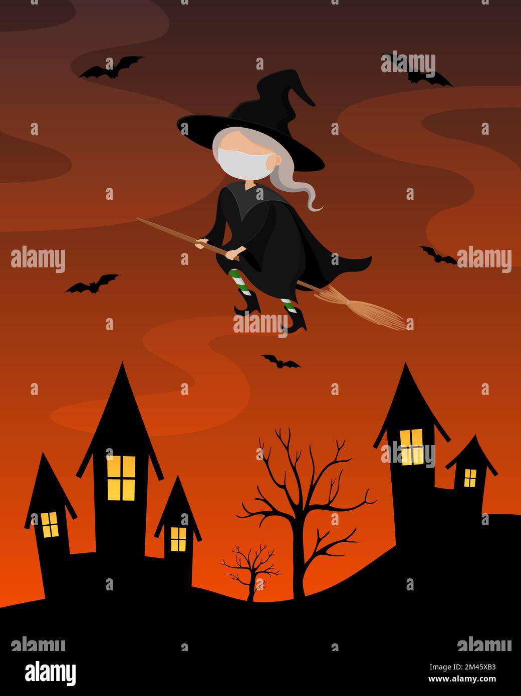 Strega in maschera medica che vola sulla scopa sopra la città notturna. Cartone animato. Illustrazione vettoriale. Illustrazione Vettoriale