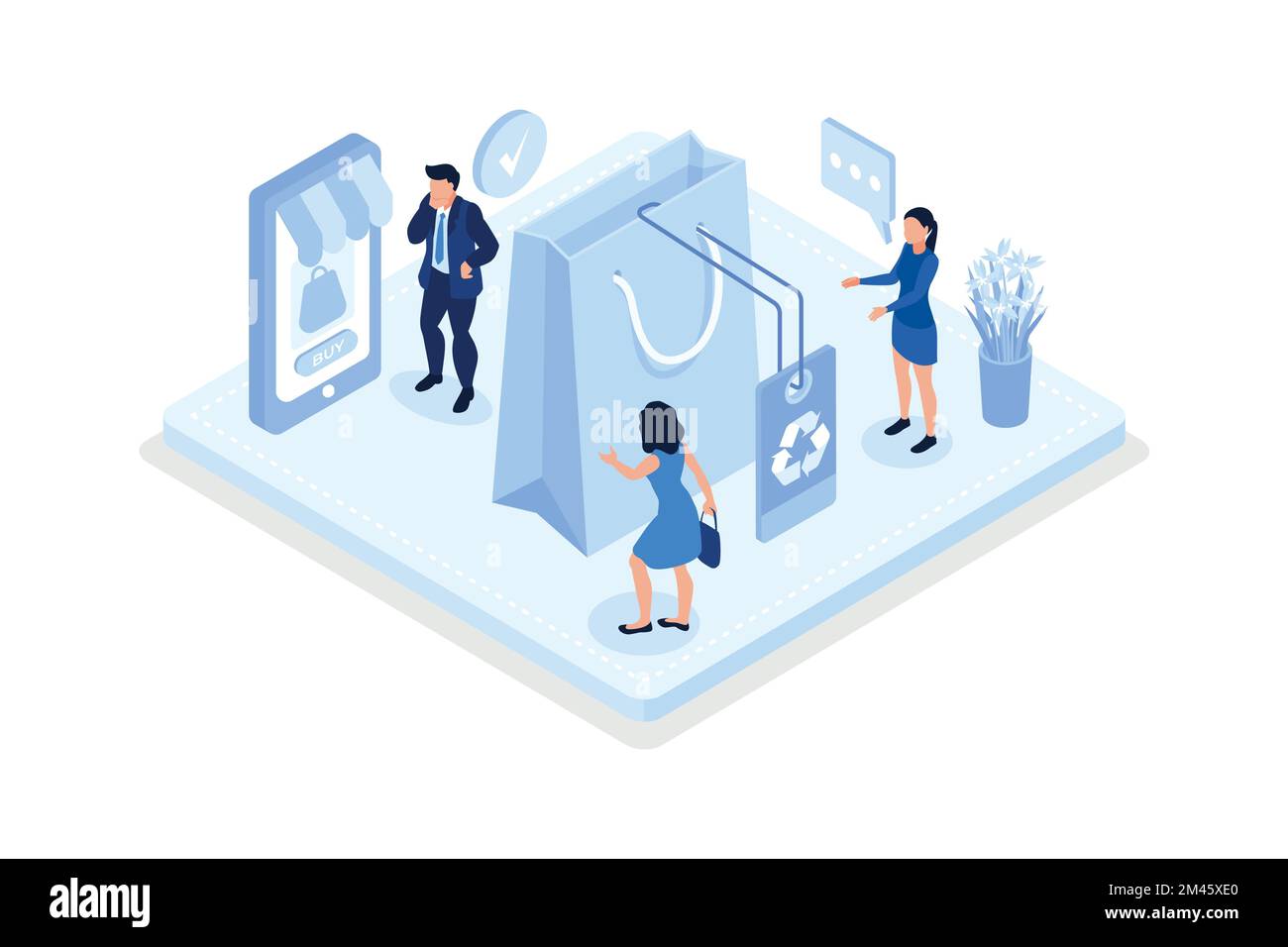 Personaggi che acquistano riciclare tessuti eco-compatibili e vendere o donare abiti vintage sul mercato delle pulci online o di seconda mano, vettore isometrico moderno Illustrazione Vettoriale