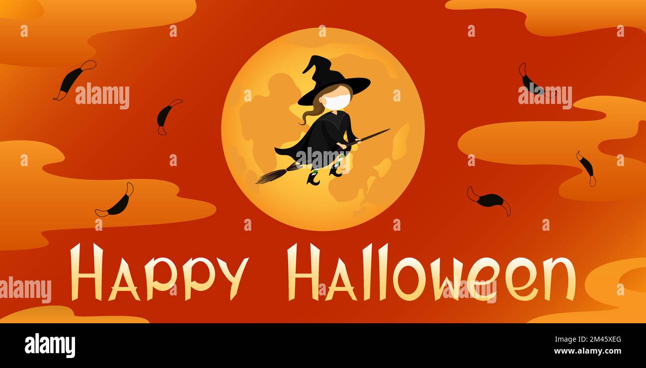 Poster di Halloween. Strega in maschera medica che vola sulla scopa. Stile cartone animato. Illustrazione vettoriale. Illustrazione Vettoriale