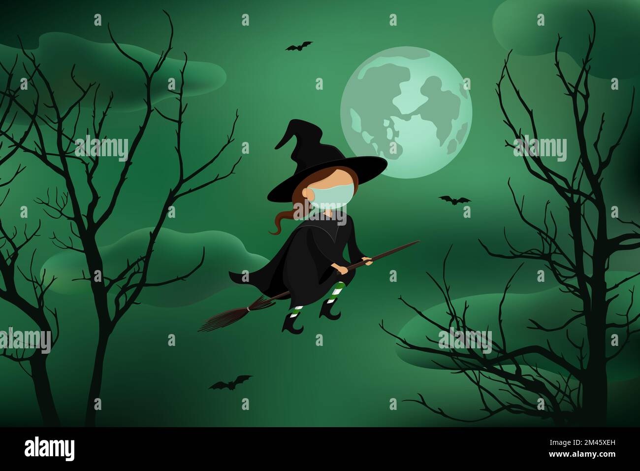 Strega nella maschera protettiva che vola sulla scopa. Illustrazione vettoriale. Illustrazione Vettoriale