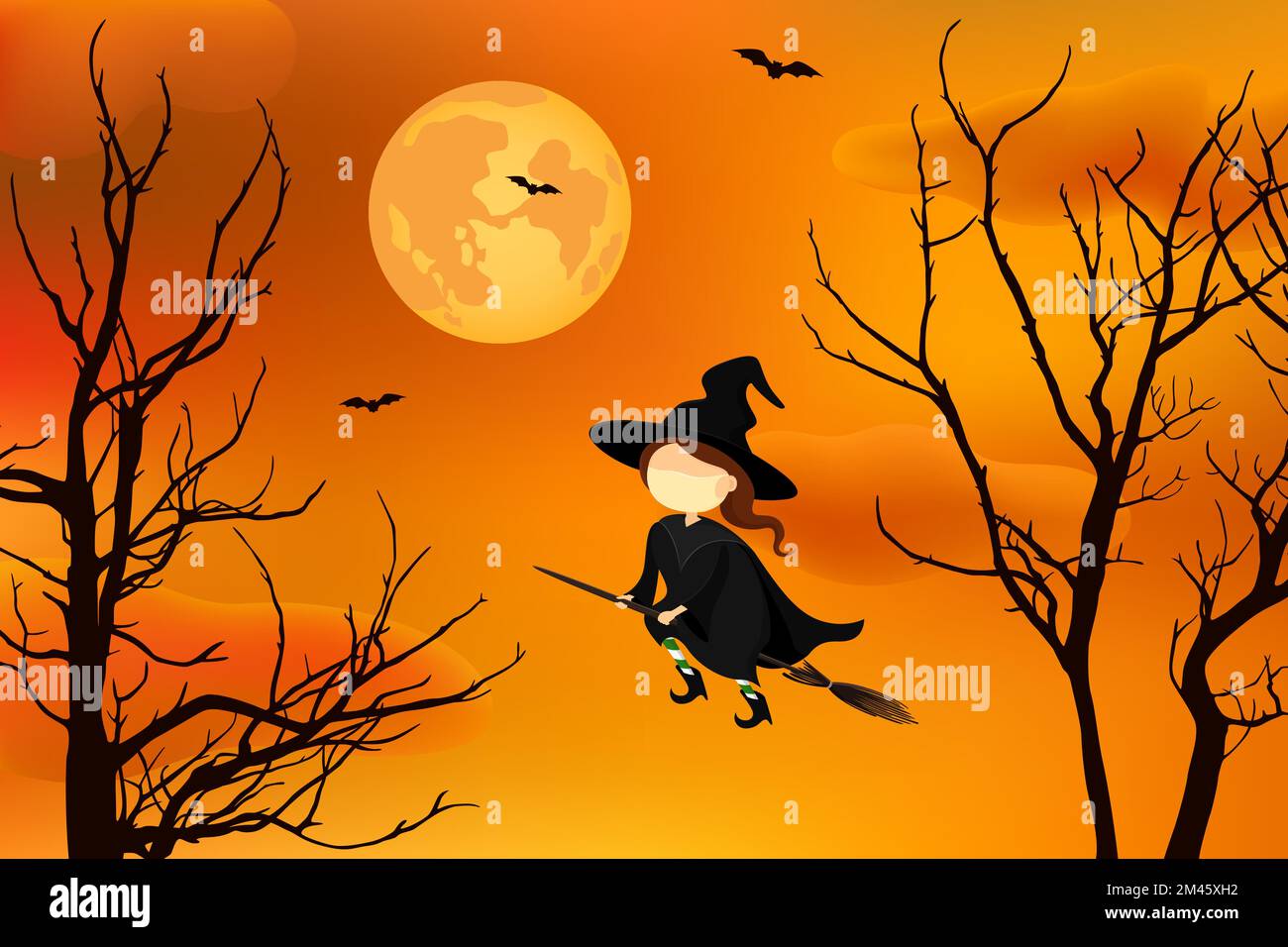 Strega in maschera medica che vola sul bastone di scopa. Illustrazione vettoriale. Illustrazione Vettoriale