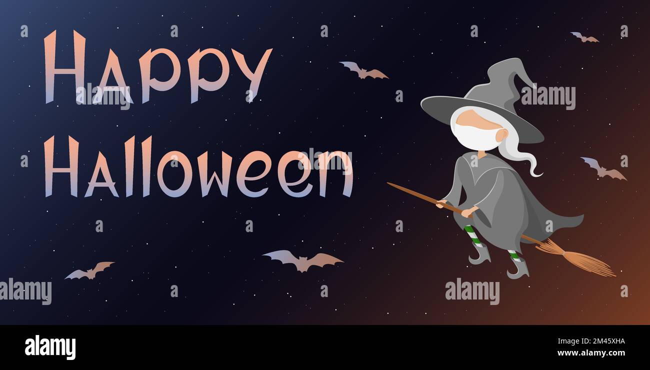 Poster di Halloween. Strega in maschera medica che vola sul bastone di scopa. Illustrazione vettoriale. Illustrazione Vettoriale