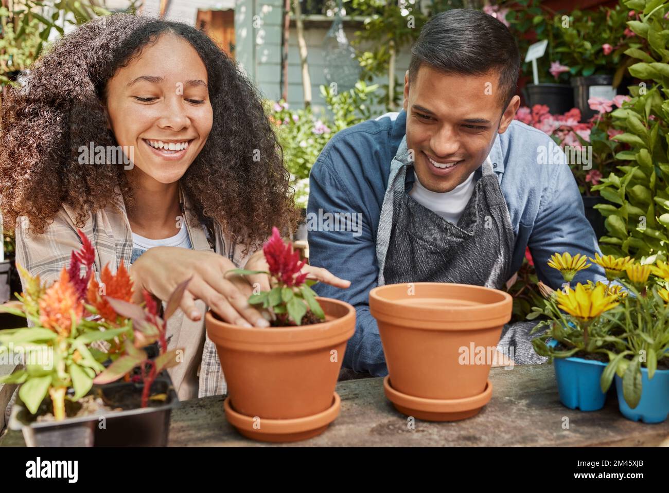 Uomo, donna e fiori in serra, rilassarsi e sorridere per la flora, felice e all'aperto. Ispanico maschio, Latino femmina e giardiniere con piante in vaso per Foto Stock