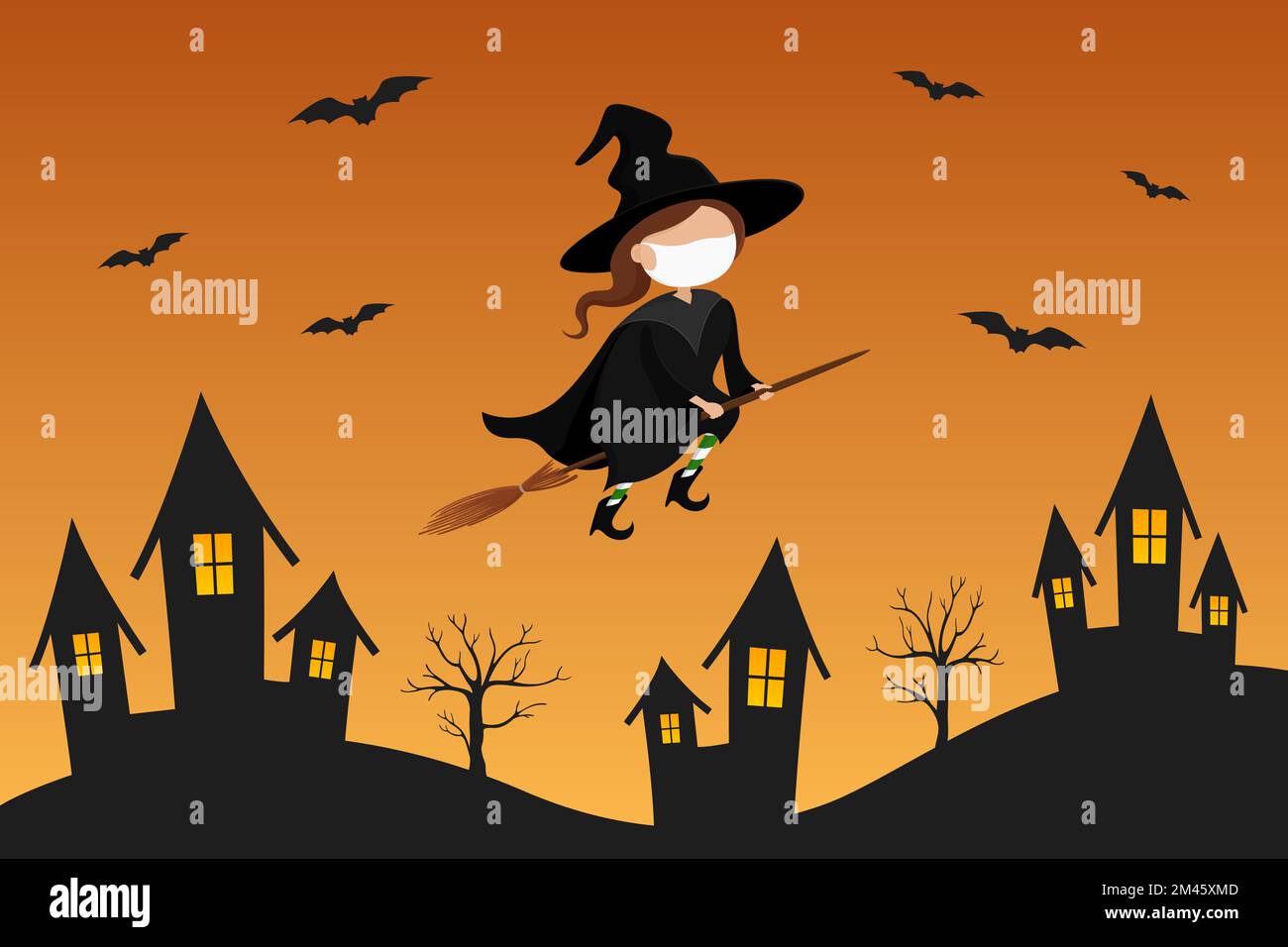 Strega in maschera che vola sul bastone di scopa sopra la città. Illustrazione vettoriale. Illustrazione Vettoriale
