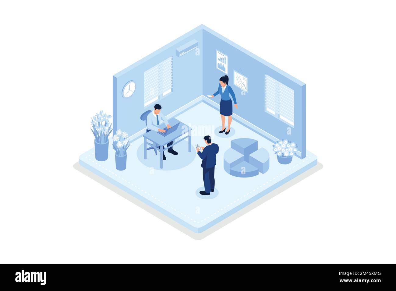 Personaggi che lavorano a casa e in uno spazio di lavoro. Persone che parlano con i colleghi, vettore isometrico illustrazione moderna Illustrazione Vettoriale