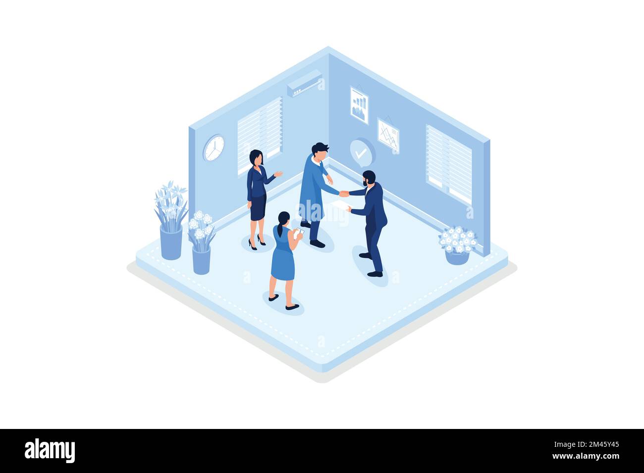 Personaggi che lavorano a casa e in uno spazio di lavoro. Persone che parlano con i colleghi, vettore isometrico illustrazione moderna Illustrazione Vettoriale