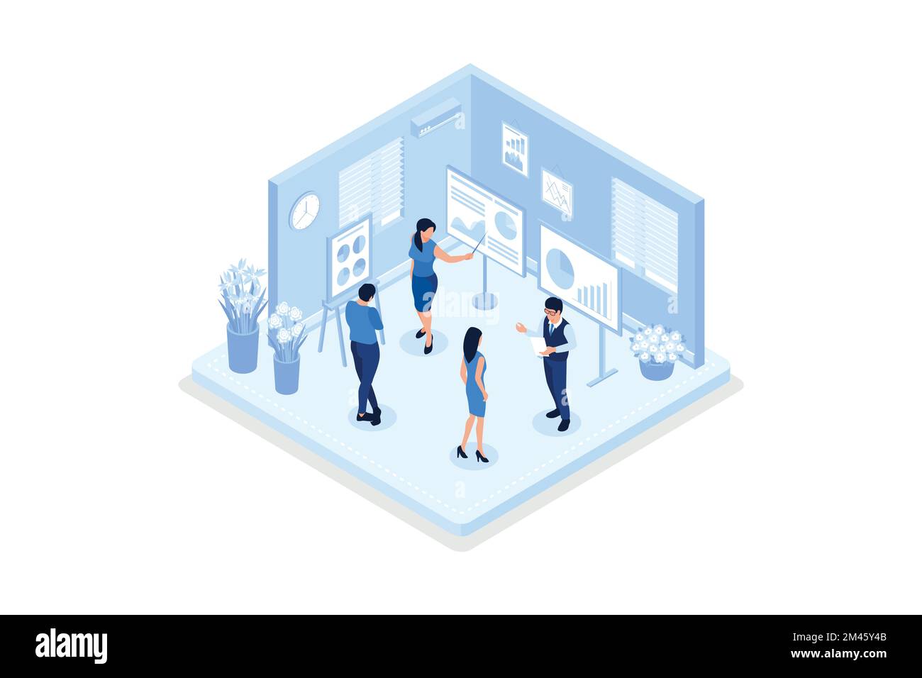 Personaggi che lavorano a casa e in uno spazio di lavoro. Persone che parlano con i colleghi, vettore isometrico illustrazione moderna Illustrazione Vettoriale