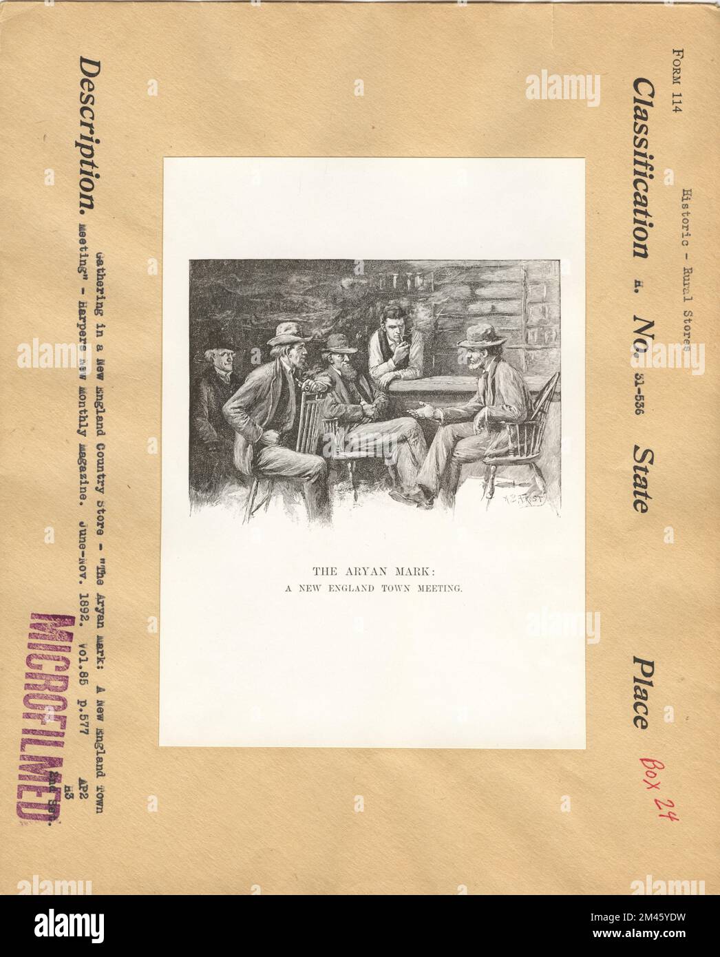 Ritrovo in un Country Store del New England. Didascalia originale: Raduno in un negozio del paese del New England - 'il marchio Aryan: Un incontro della città del New England - Harpers New Monthly Magazine - Giu-Nov, 1892. Vol. 85 pag. 577. Foto Stock
