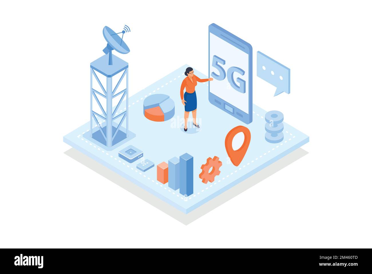 Modello concettuale con torre cellulare e smartphone. Scenario per lo standard tecnologico 5G per reti cellulari digitali, dispositivi mobili, Internet a banda larga Illustrazione Vettoriale