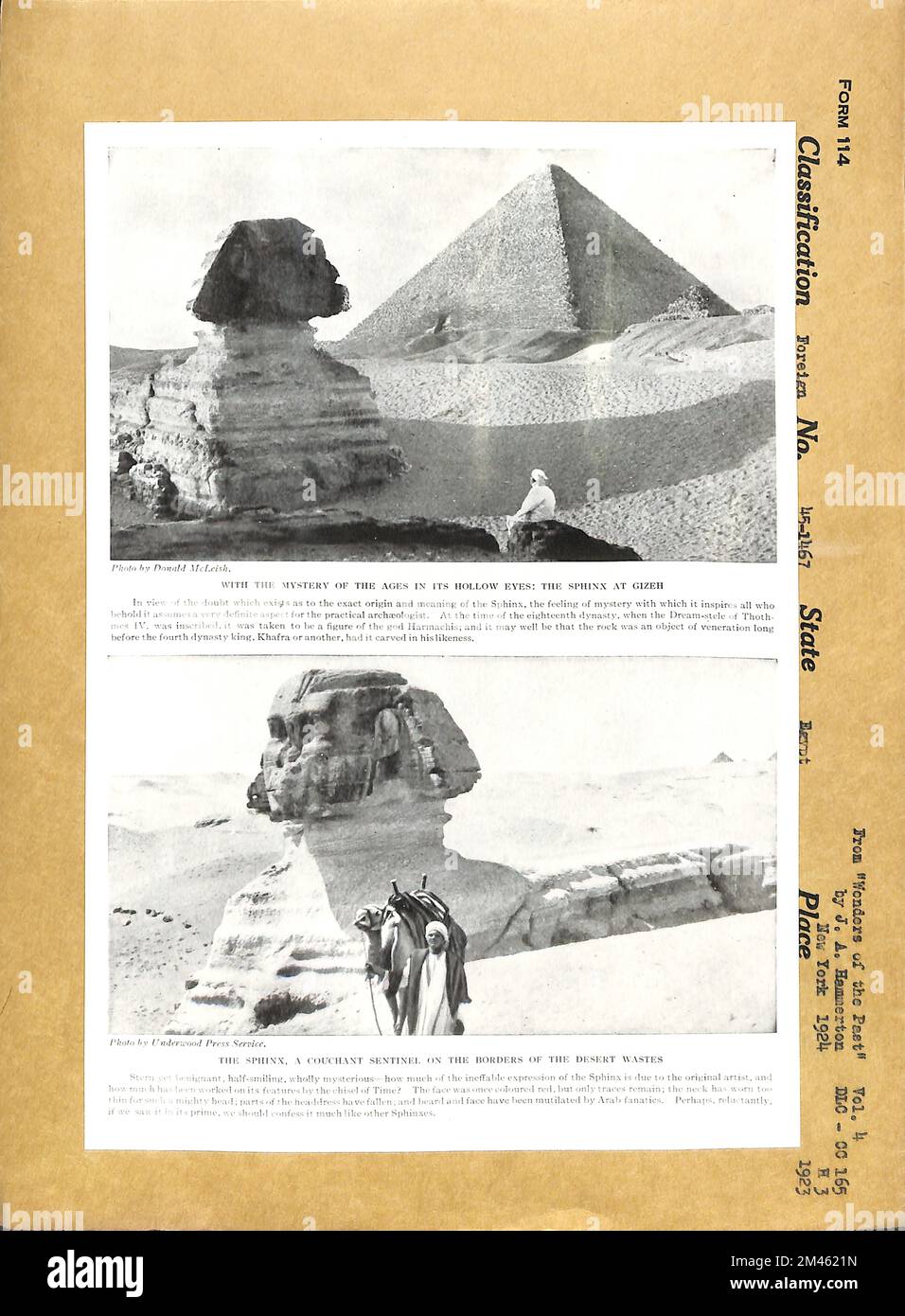 La Sfinge. Didascalia originale: The Sphinx; from Wonders of the Past di JA Hammerton, New York 1924 (2 foto). Stato: Egitto. Foto Stock